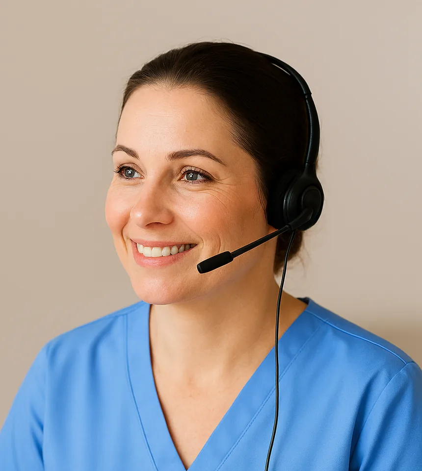 A nurse wearing a telephone headset, smiling while taking a call