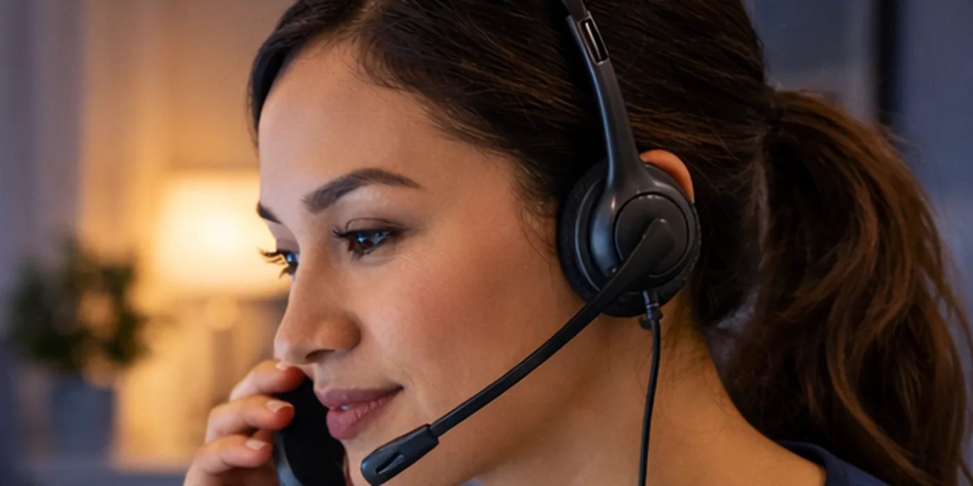 A triage nurse wearing a headset, holding a phone to her ear as she listens